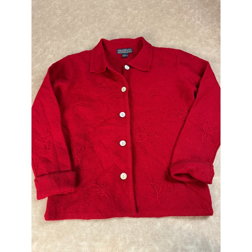 Vintage Herman Geist Womens Wool Collared Floral Button Red Cardigan Sweater‎ M